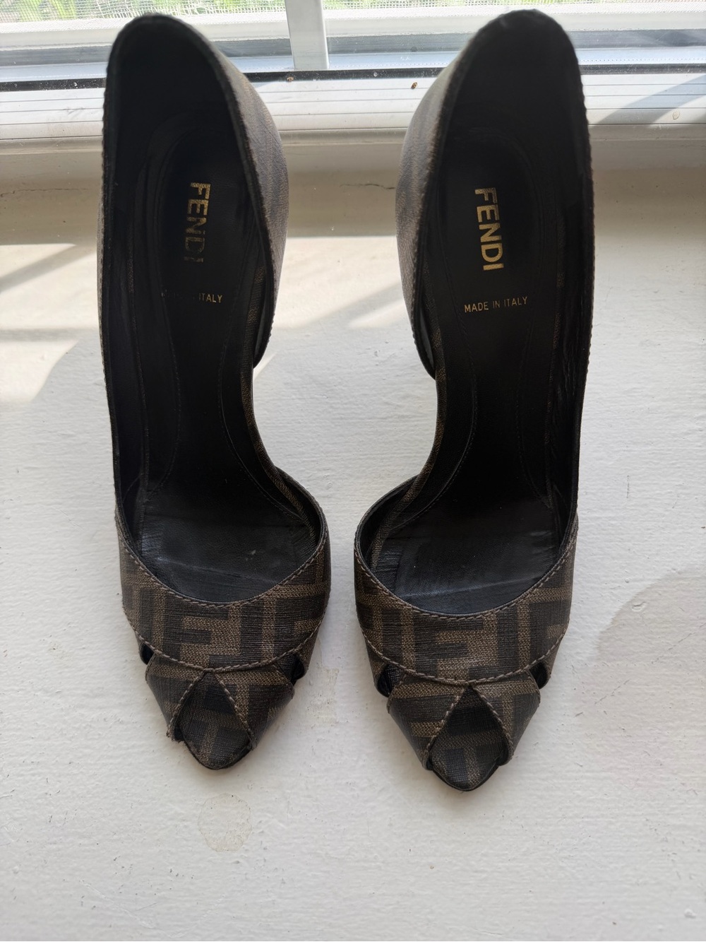 Fendi Brown Logo D’Orsay Peep-Toe Pumps with Signature FF Jacquard